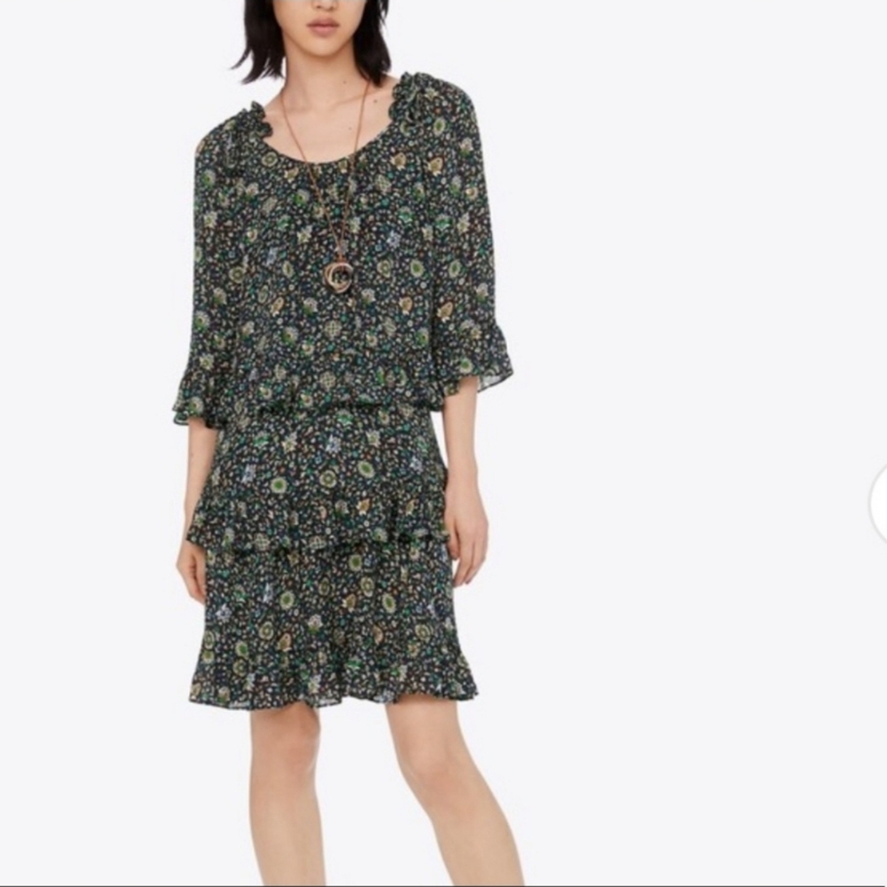Tory Burch 100% Silk Printed Ruffle Dress Green Floral Size 2 Boho